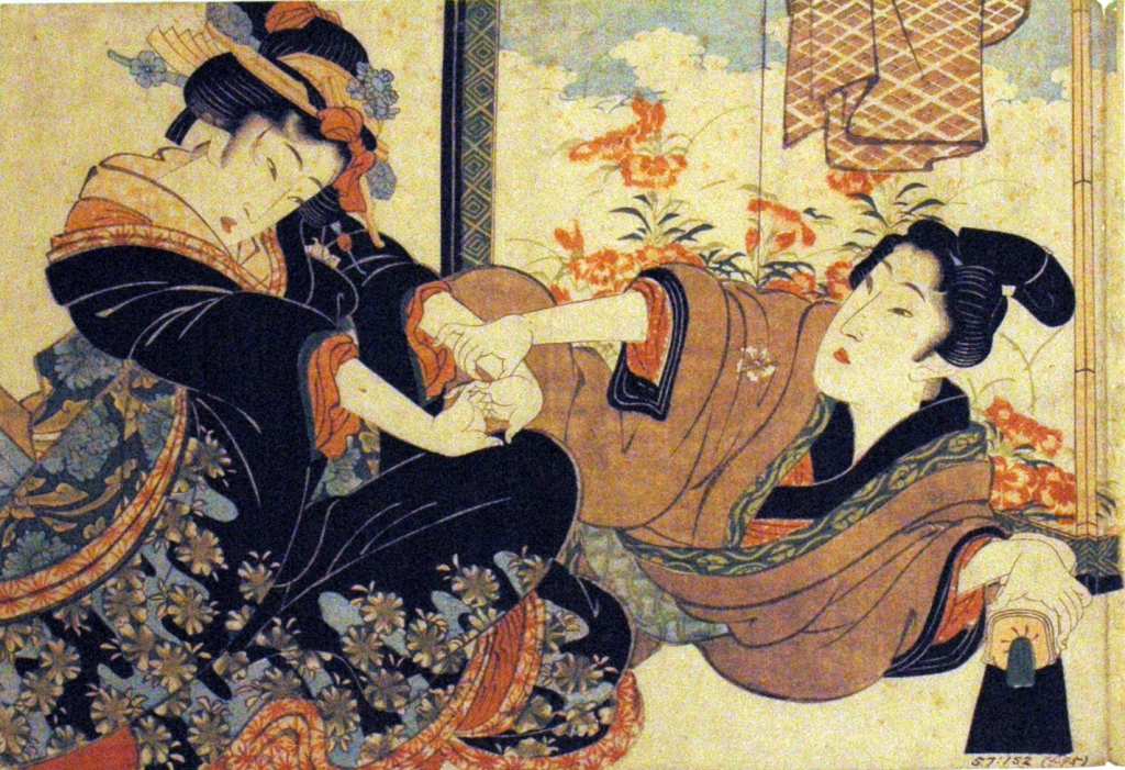 Japanese woodblock of Lovers by a painted screen by Ikeda Eisen