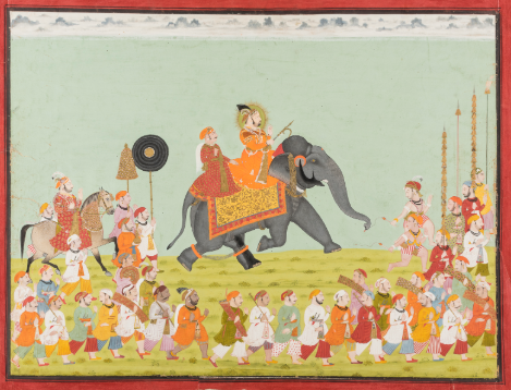 Indian Paintings from the Edwin Binney 3rd Collection showing two people riding an elephant along a cheering crowd
