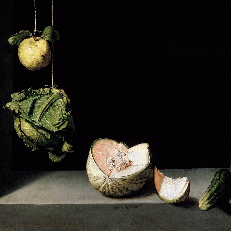 Still Life Image of a Quince, Cabbage, Melon, and Cucumber