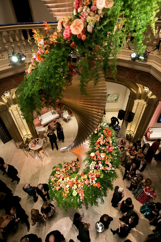 Large flower installation at art museum