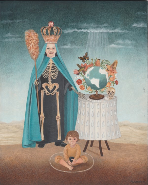 Painting of crowned skeleton with globe and child