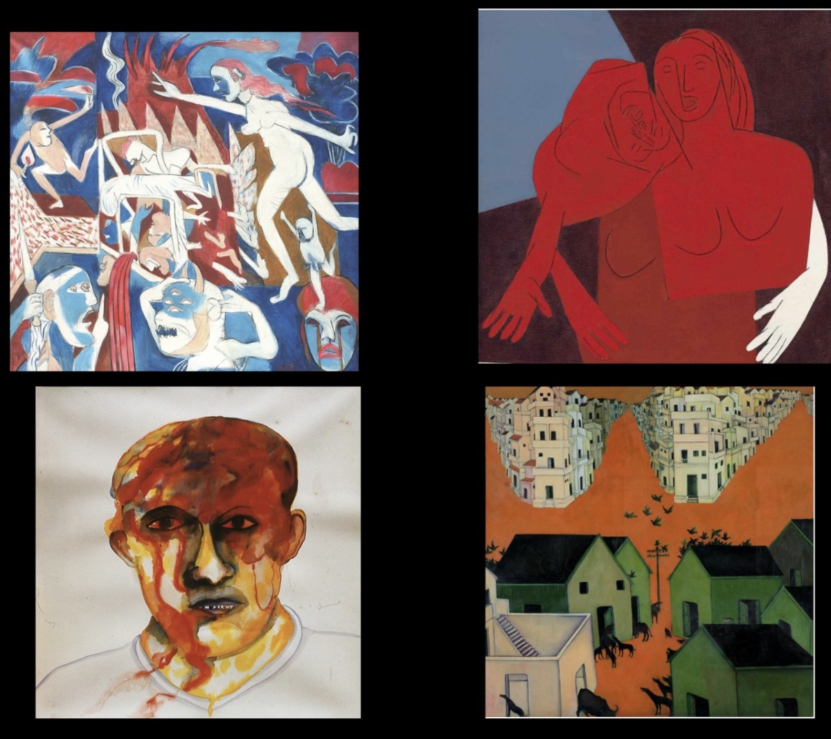 K. G. Subramanyan, The City is Not for Burning, 1993. Tyeb Mehta, Untitled (Two Figures), 1981. Gulammohammed Sheikh, Speechless City, 1975. Bhupen Khakhar, Injured Head of Raju, 2001.