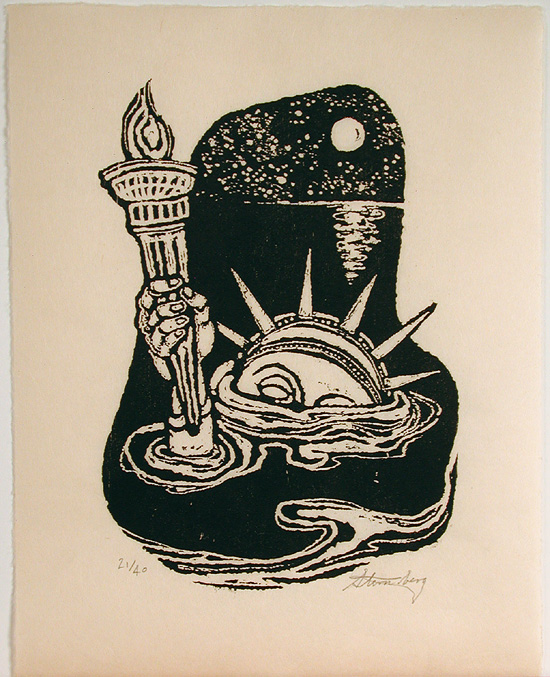 woodcut image by Harry Sternberg of the Statue of Liberty drowning