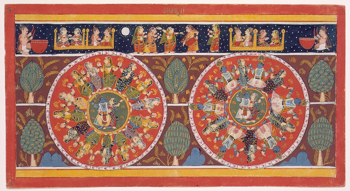 The Eternal Dance: Rasamandala, 1st quarter 18th century, India. Opaque watercolor and gold on paper. Edwin Binney 3rd Collection, 1990.969.