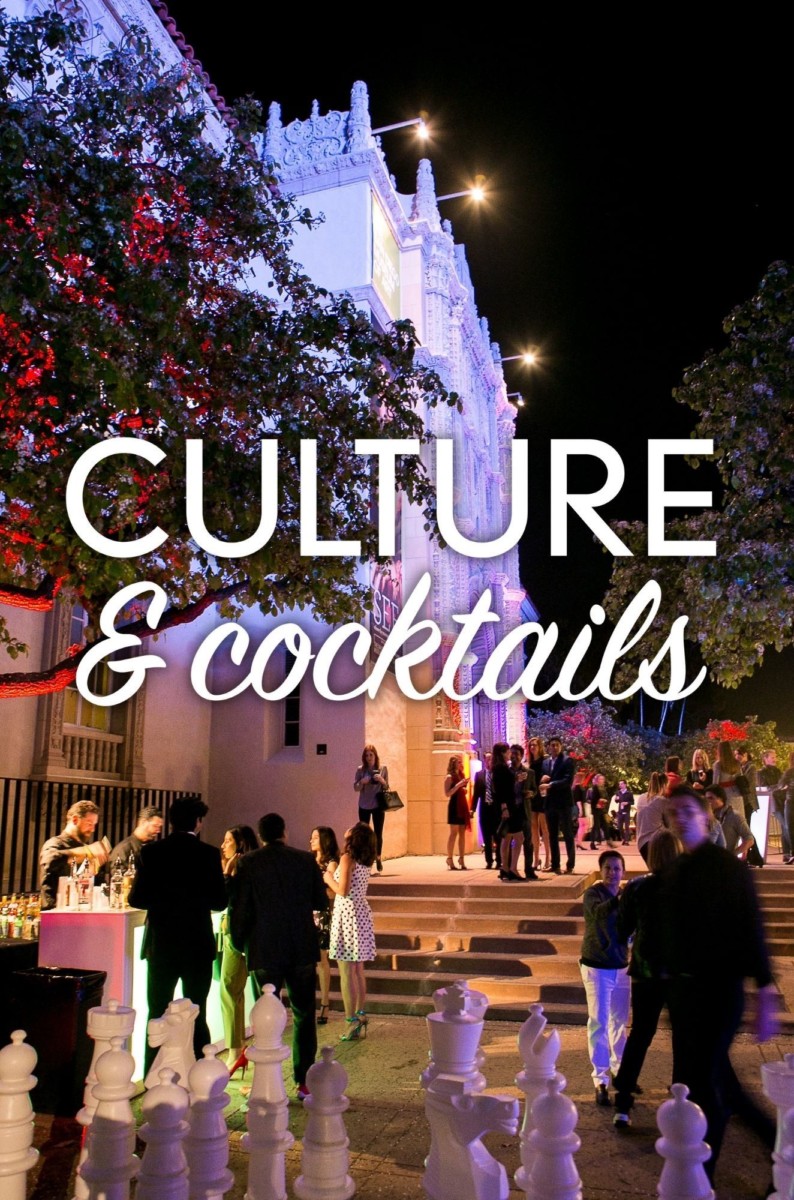 Culture & Cocktails logo over image of people outside The San Diego Museum of Art at night