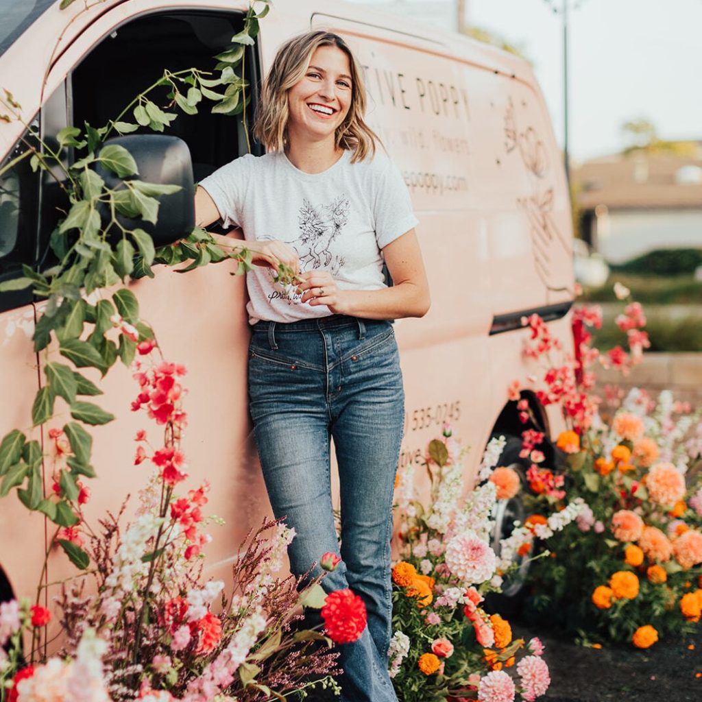 Natalie Gill, Native Poppy founder with Native Poppy van and flowers