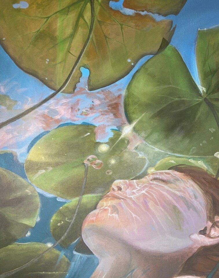 Young Art work of art by Muzi Wei titled Below showing woman in profile underwater with water lilies
