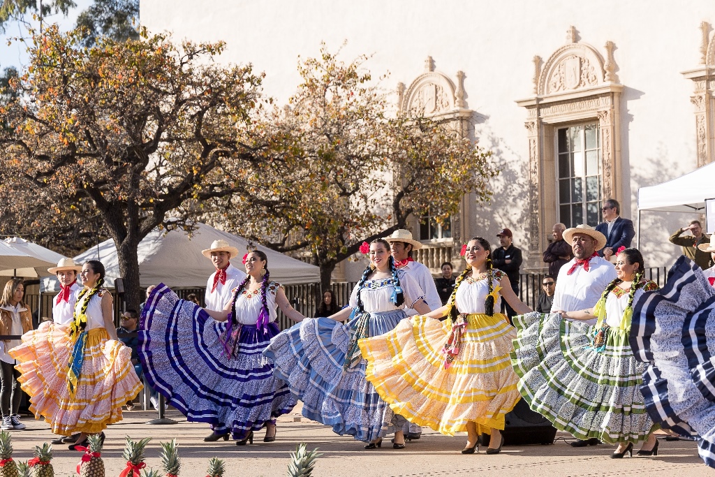 Compania Esplendor Folklorico dancers performing in front of The San Diego Museum of Art