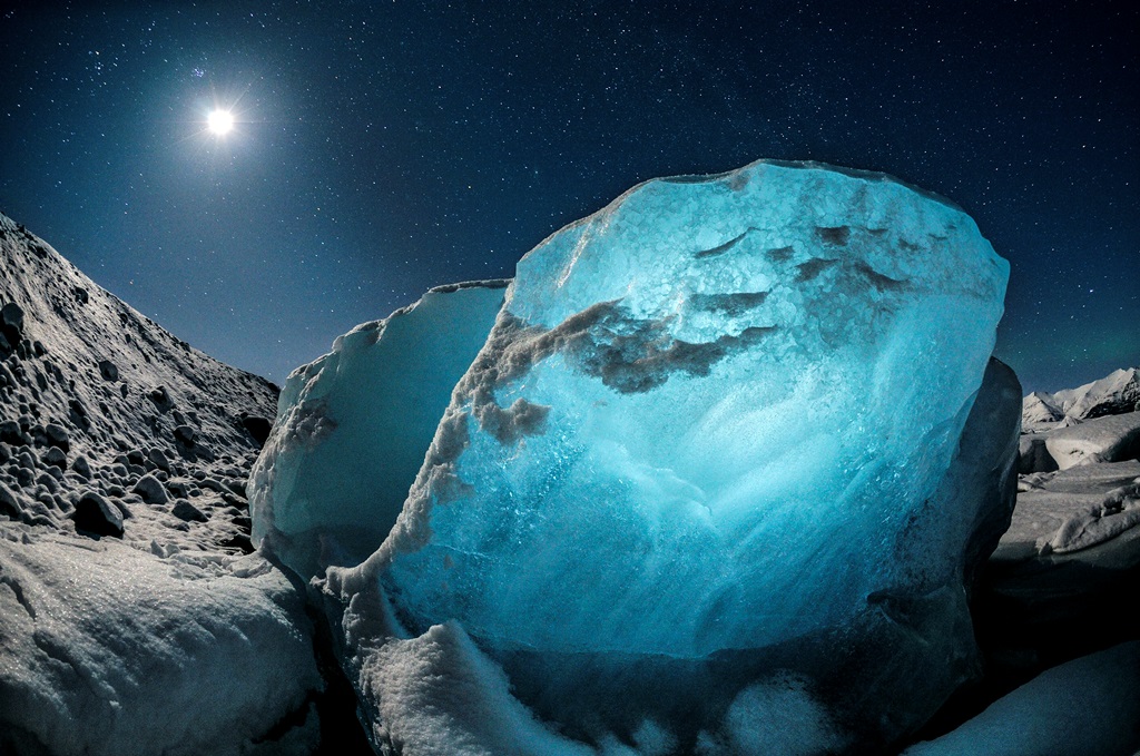 Blue Glacier with moon in distance - photo by James Balog