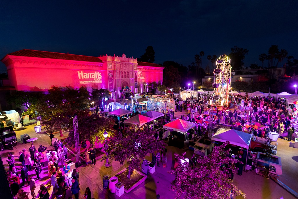 The San Diego Museum of Art in Balboa Park at night during Bloom Bash party with Ferris wheel