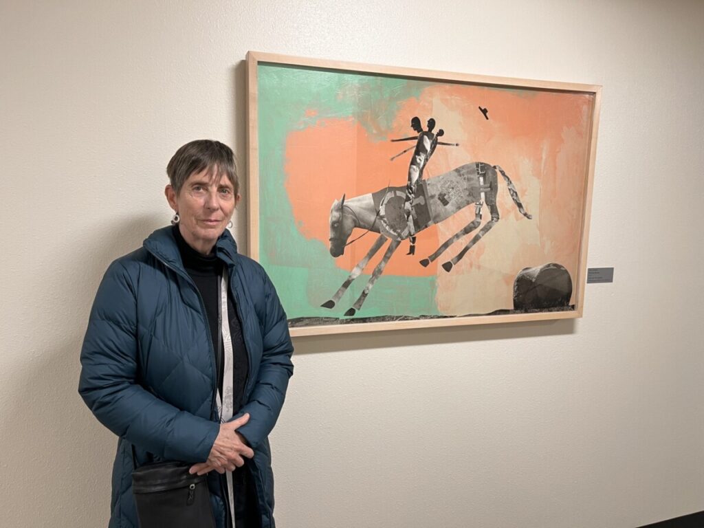 Artist Holly Roberts with her work, Bucking Bronco, 2006