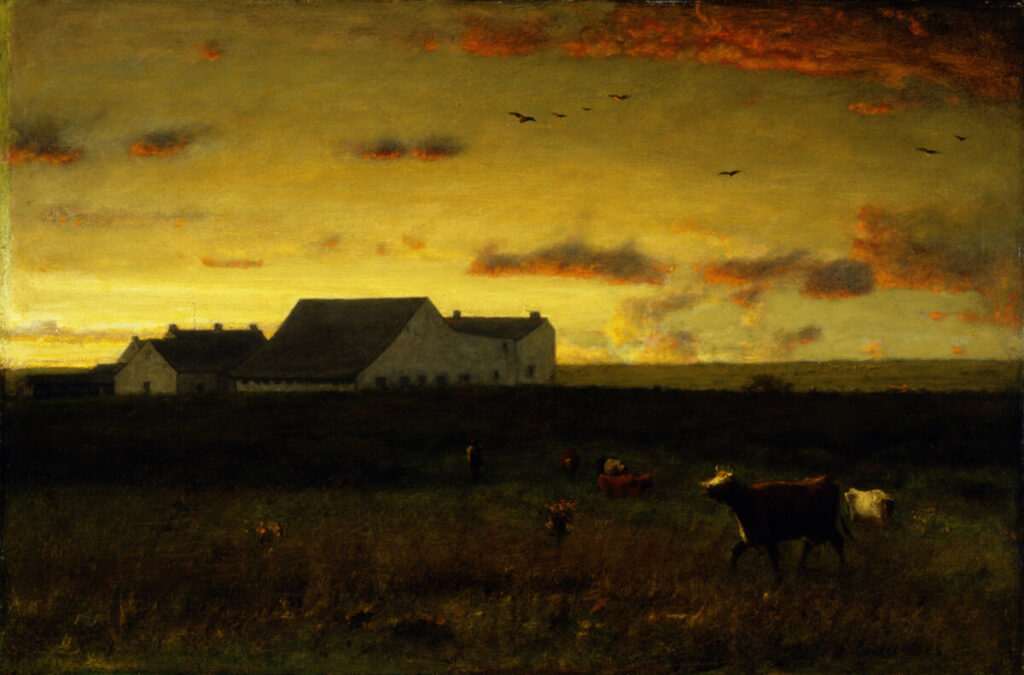 Farm landscape at sunset painting
