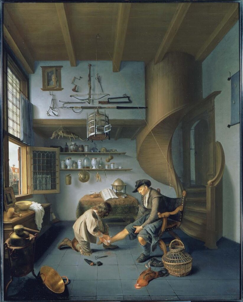 Painting of man dressing wound on another man's foot in large room