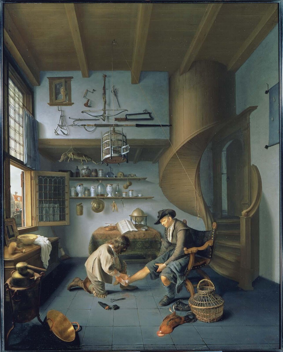 Painting of man dressing wound on another man's foot in large room