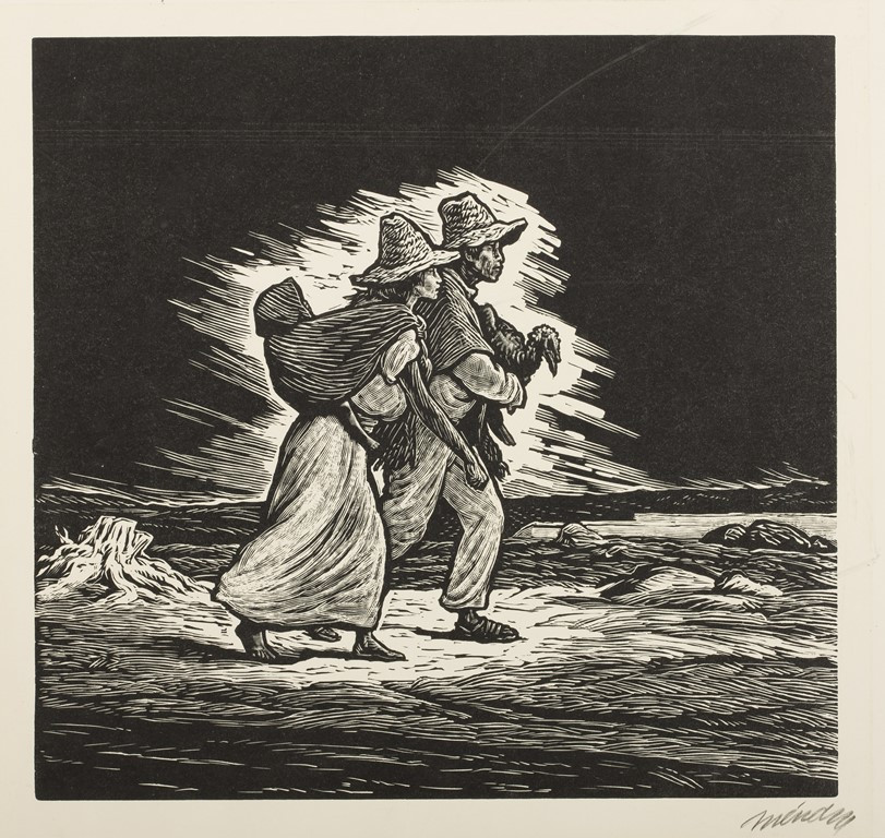 Man and woman with baby on her back walking across an open field