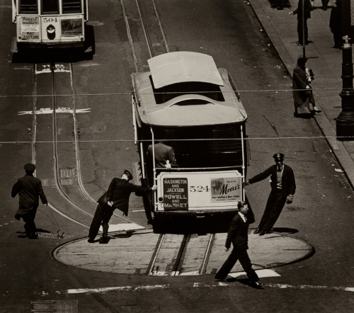 Black and white photo of San Francisco cable car
