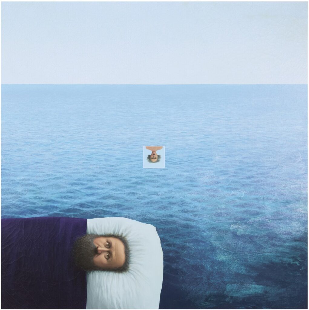 Man in bed floating on water