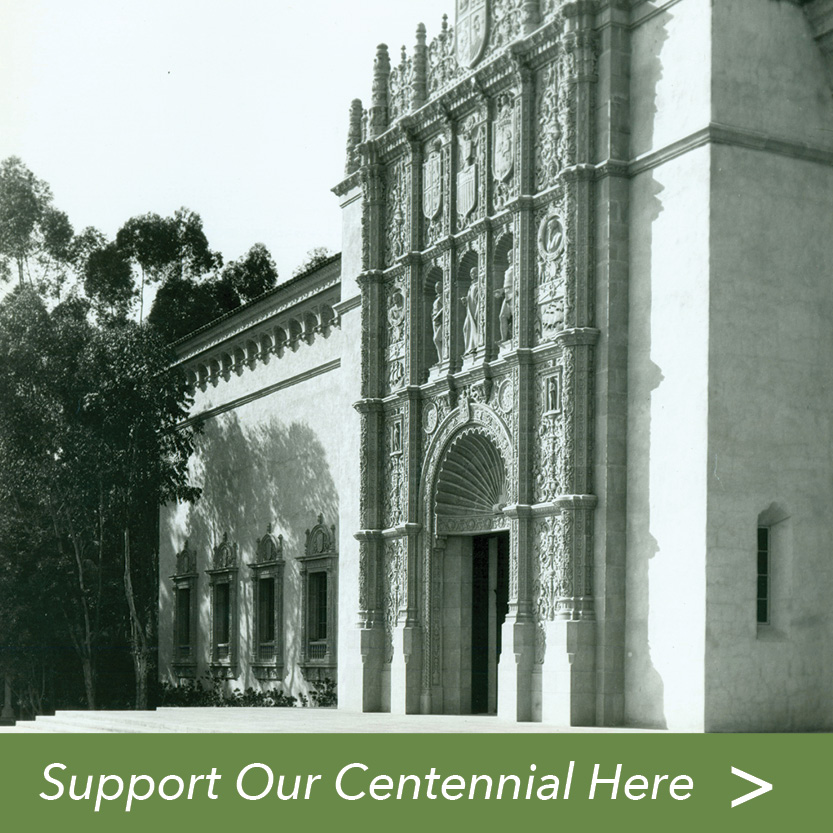 Black and white photo of The San Diego Museum of Art facade and entry with Support Our Centennial Here text