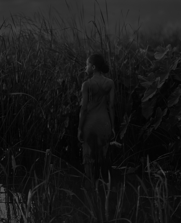 Black and white photo of woman standing, facing away from viewer, surrounded by vegetation