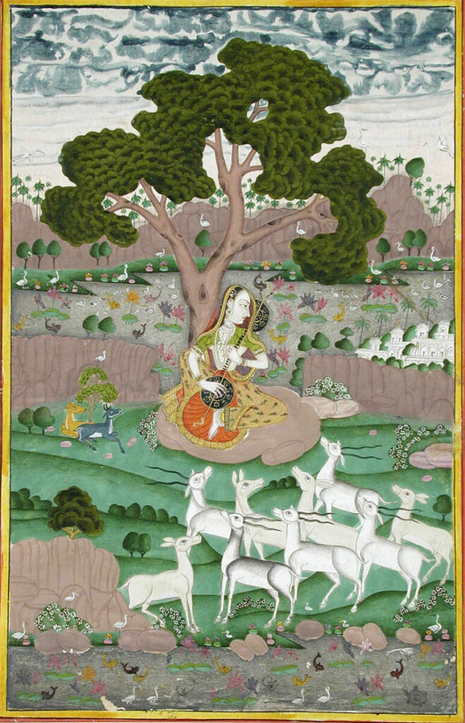 Woman playing instrument while animals listen