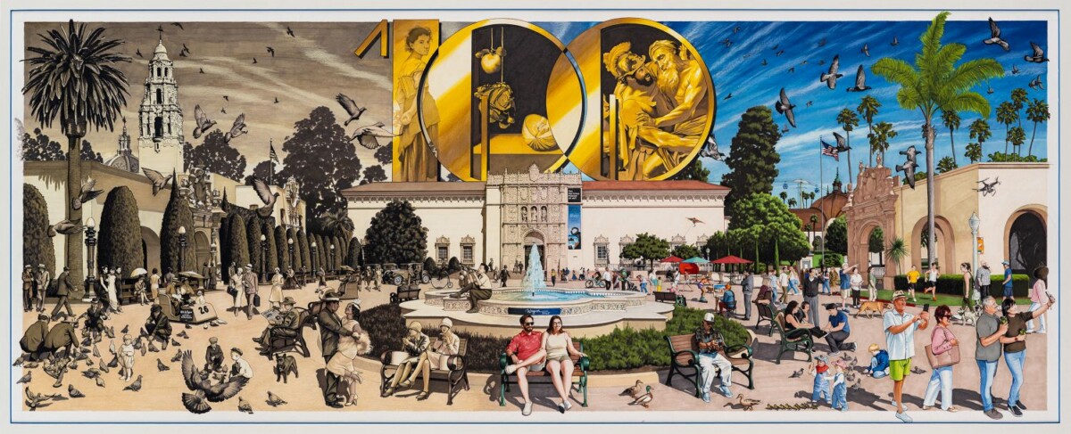 San Diego Museum of Art drawing showing Balboa Park from 1920s to present with large 100