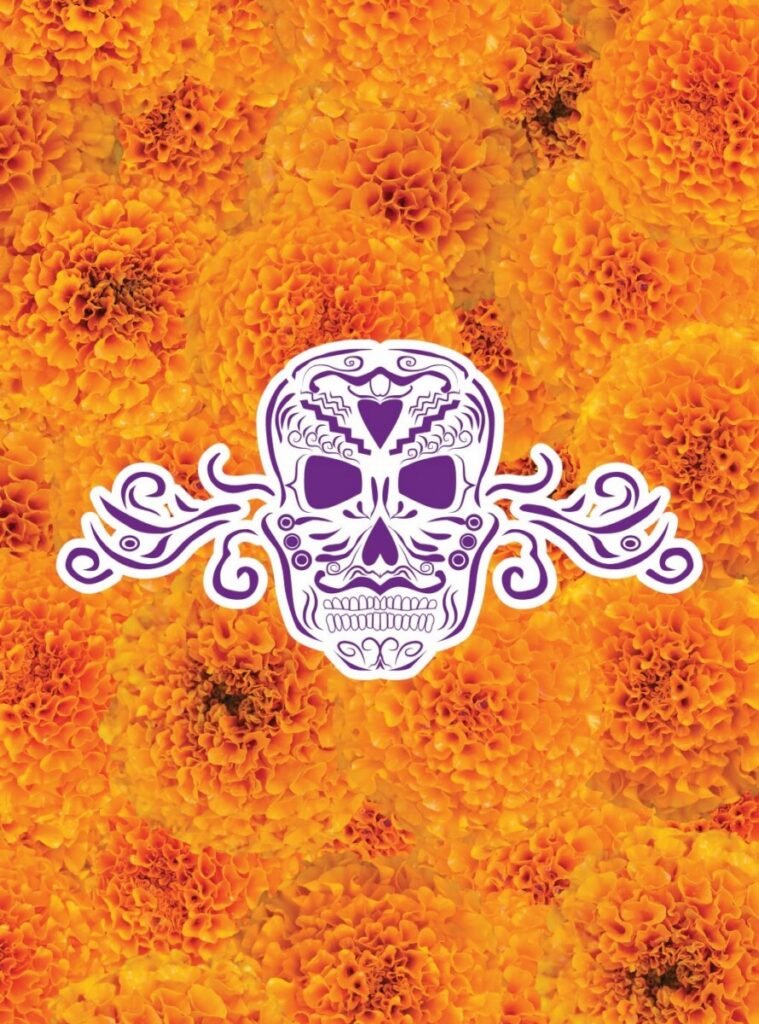 Betsabeé Romero Día de los Muertos / Day of the Dead skull with marigolds