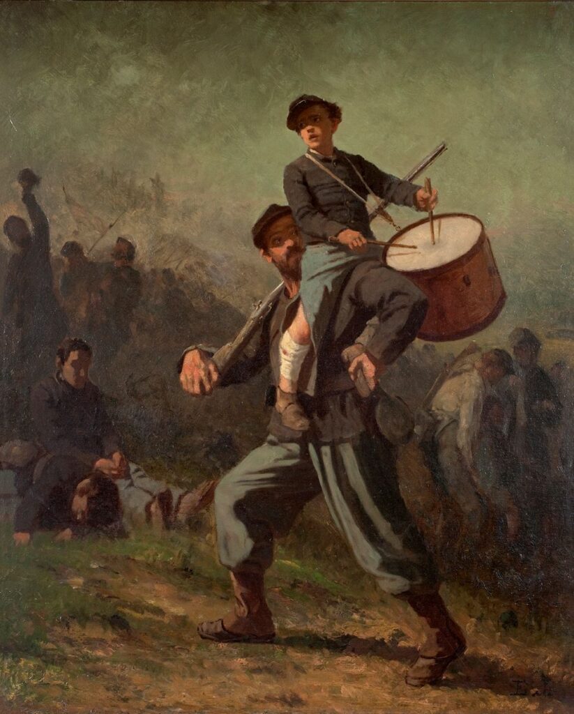 Painting of a wounded drummer boy being carried in battle