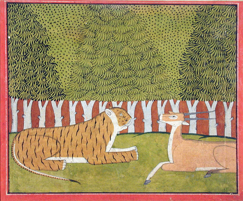 Tiger and buck deer facing each other in Indian painting