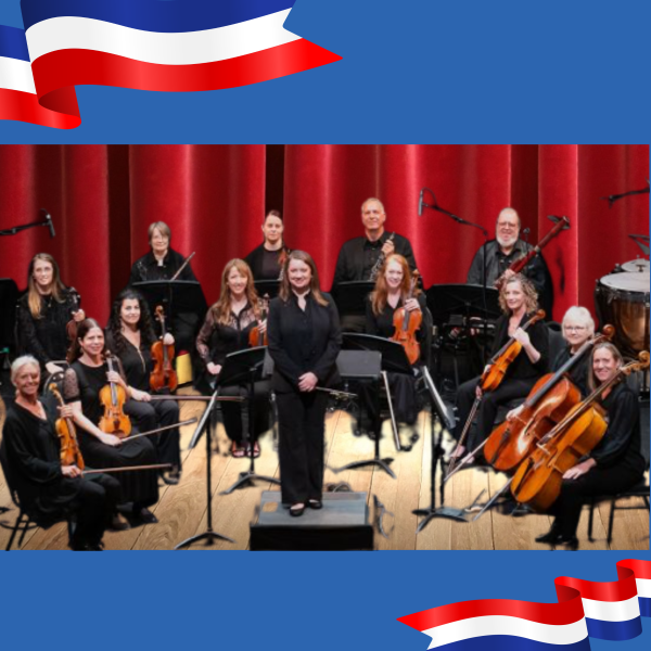 Classics4Kids orchestra with patriotic banners graphic